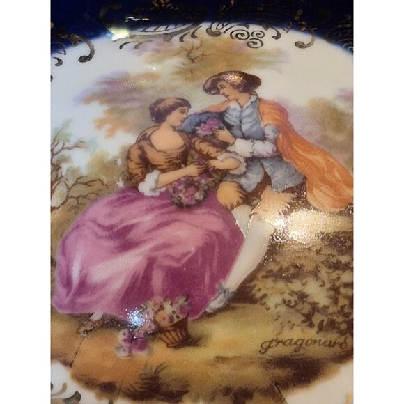 Limoges Castel Porcelain Trinket Or Jewelry Box Cobalt Blue W/ Courting Couple - Picture 10 of 12